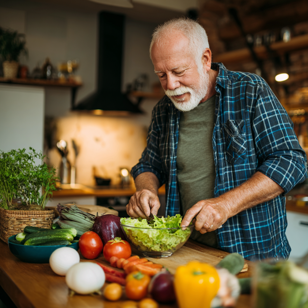 Senior man preparing nutritious salad at home with fresh organic vegetables from garden